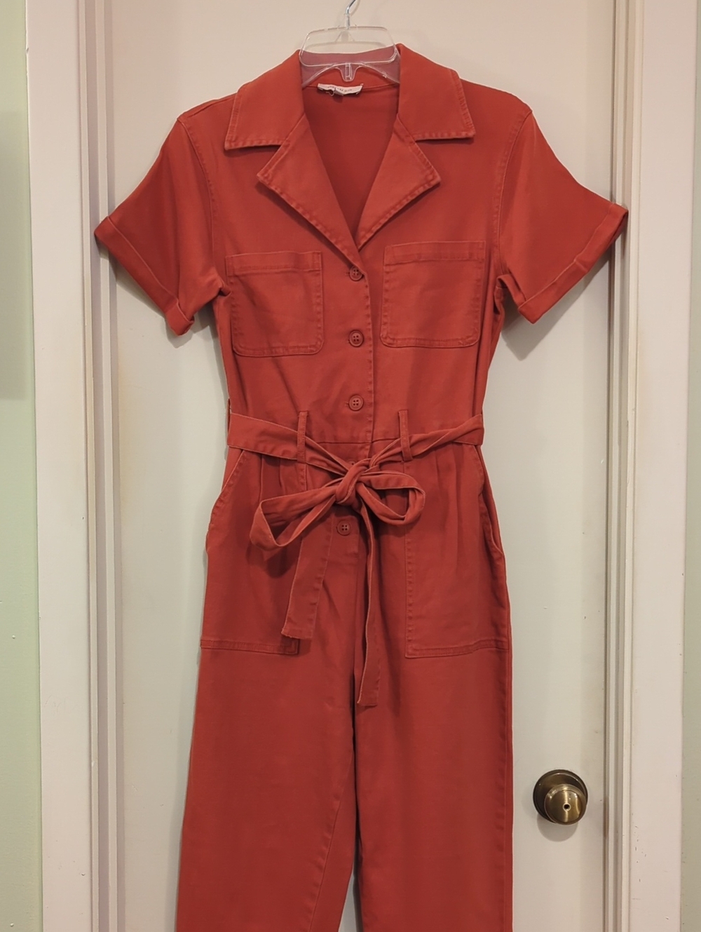 Skies Are Blue Rust Orange Short-Sleeve Tie-Waist Utility Jumpsuit